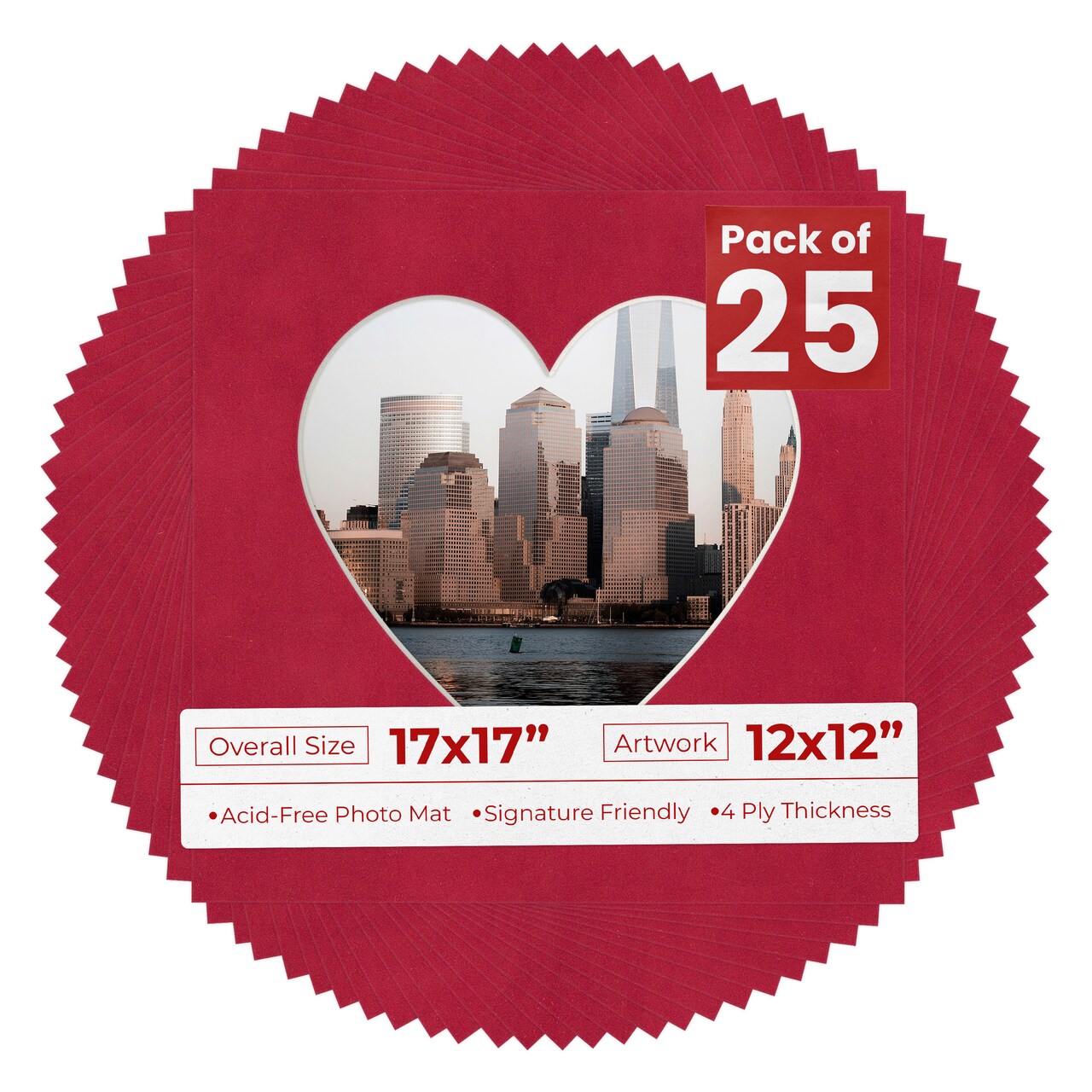 Red Suede Mat Board for 17x17 Frames - Heart Opening for 12x12 Photos